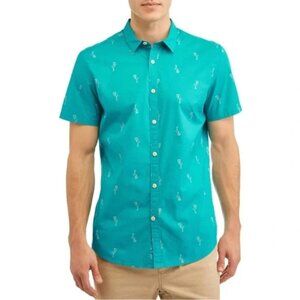 George Men's Collared Button Down Aqua Short Sleeve Shirt Neon Flamingo Print, M